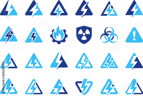 Collection of energy and warning symbols including lightning bolts and triangles.