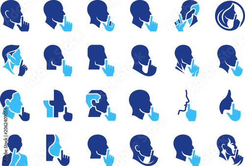 Set of silent gesture icons vector illustrations showing person with finger on lips.