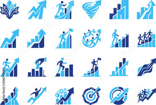 Set of business growth and success icons depicting upward trends and teamwork.
