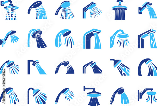 Collection of shower head icons featuring various water stream designs in blue color tones.