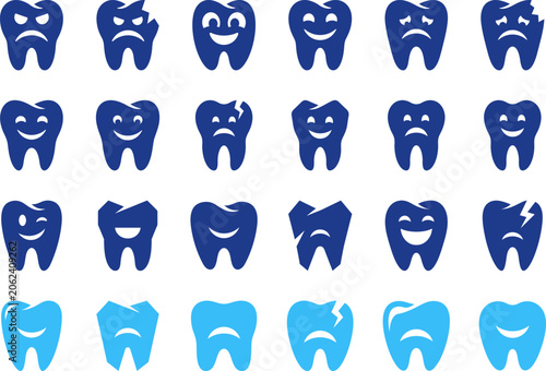 Set of blue dental icons representing different tooth conditions and facial expressions here.