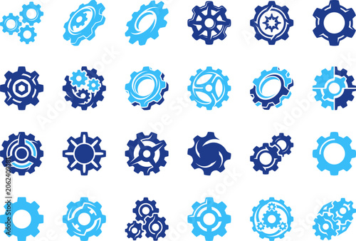 Industrial gear icon collection featuring varied mechanical cog designs in blue gradients.