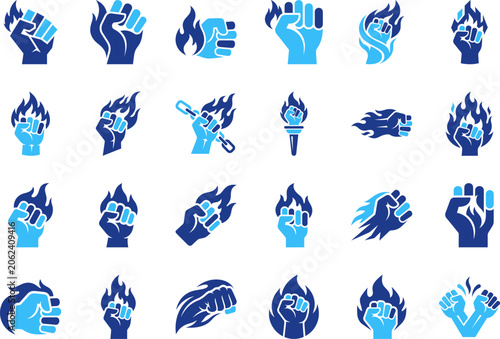 Set of blue fist and fire flame icons for protest power revolution and strength design.