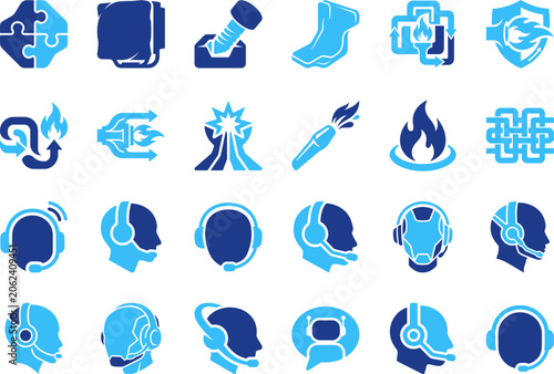 Abstract technology and customer support icons featuring modern silhouettes and networks.