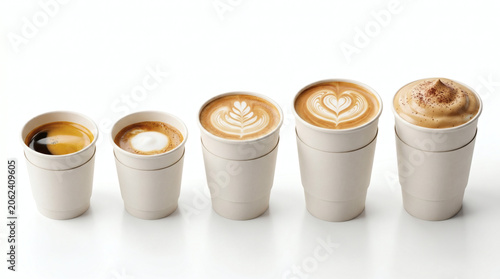 Coffee Drinks Comparison in Takeaway Paper Cups Isolated on White Background
