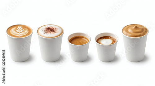 Assorted Coffee Drinks in White Takeaway Cups Isolated on White Background