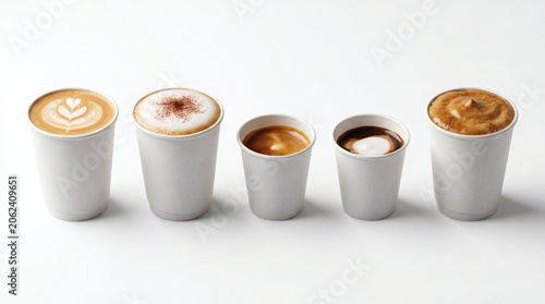 Assorted Coffee Beverages in White Paper Cups Isolated on White Background