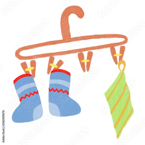 Flat illustration of a hanging drying rack holding blue socks and fabric. Household laundry concept with a clean and playful appearance.