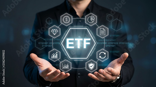 Exchange traded fund ETF technology concept with businessman holding virtual icons