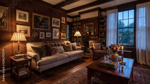 Elegant Traditional Living Room With Fireplace, Bookshelves And Warm Ambient Lighting