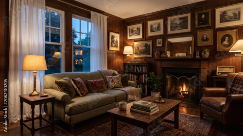 Warm Cozy Living Room With Fireplace, Wooden Paneling And Classic Home Decor