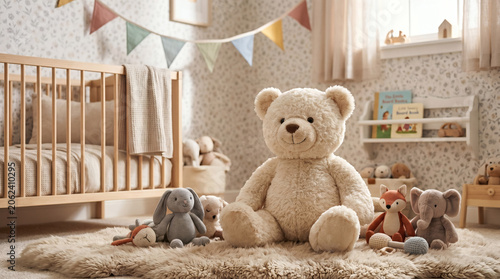 Adorable Teddy Bear In Soft Pastel Nursery Room With Plush Toys And Baby Crib