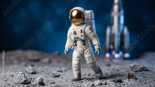 Astronaut Exploring Lunar Surface With Rocket In Background