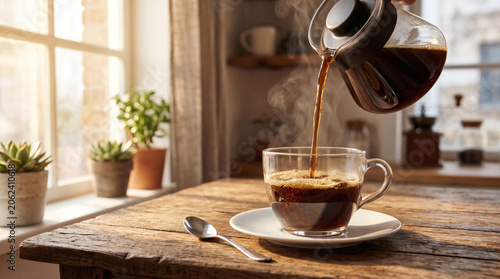 Pouring Fresh Hot Coffee Into Glass Cup By Sunny Window