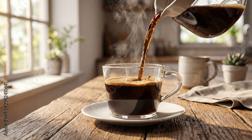 Freshly Brewed Coffee Pouring Into Glass Cup On Rustic Table