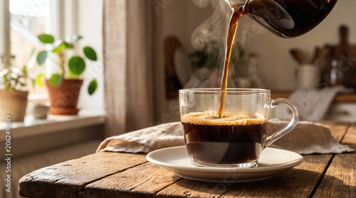 Hot Black Coffee Being Poured Into Glass Cup Near Sunny Window