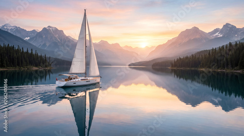 Sailboat Gliding on a Tranquil Mountain Lake at Sunrise