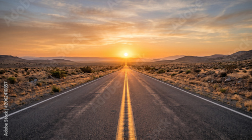 Straight Desert Highway Leading to Sunset Horizon