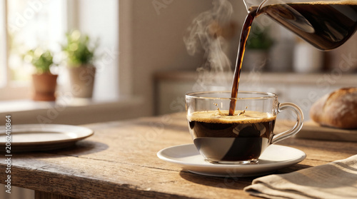 Fresh Black Coffee Pouring Into Glass Cup on Rustic Wooden Table