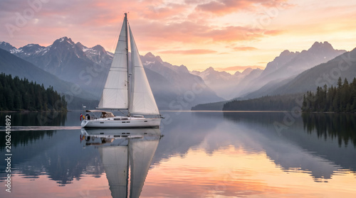 Luxury Sailboat on a Calm Alpine Lake at Sunset