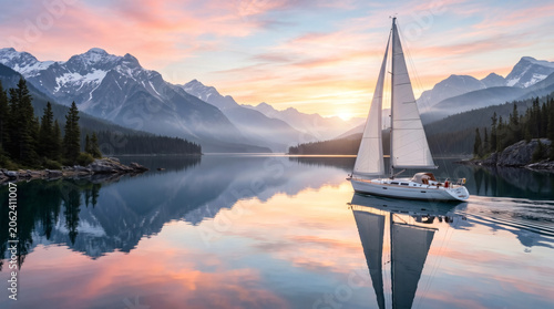 Luxury Sailboat Gliding Across a Mirror Lake at Sunrise Surrounded by Majestic Mountains