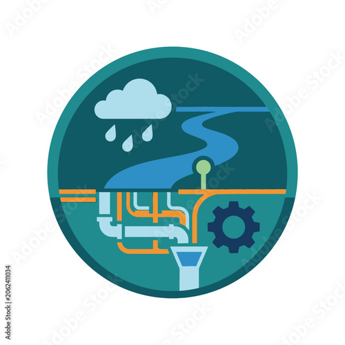 A circular graphic showing water management and industrial infrastructure