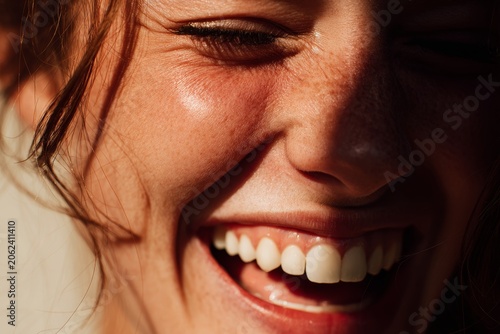 Extreme close up portrait of a young woman laughing with a wide toothy smile, genuine happy female emotion under bright warm sunlight