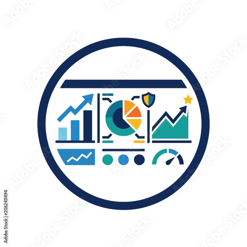 A circular icon showing various business data analysis charts and graphs