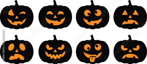 Картината върху платно Halloween Jack-o-Lantern Pumpkin Carved Face Silhouette Set