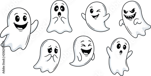 Billede på lærred Cute Halloween Ghost Cartoon Expressions and Emotions Set