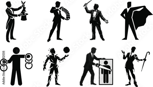 Принти на полотні Set of black and white silhouette icons depicting magic tricks, illusionist perf