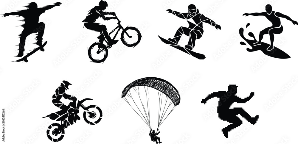 Naklejka premium Set of extreme sports silhouettes featuring skateboarder, cyclist, snowboarder, surfer, motocross rider, and paragliding action figures