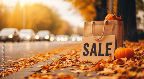 Autumn sale shopping bag with pumpkins on street curb
