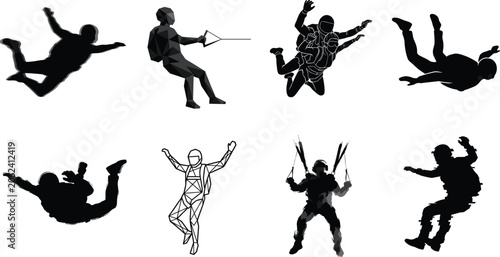 Tableau sur toile Set of professional skydiving and parachuting silhouettes featuring extreme spor