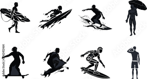 Canvastavla Set of stylized surfing silhouettes and beach activities featuring various artis