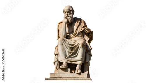 Ancient Greek philosopher statue with beard draped in robes seated and contemplating, isolated on transparent background