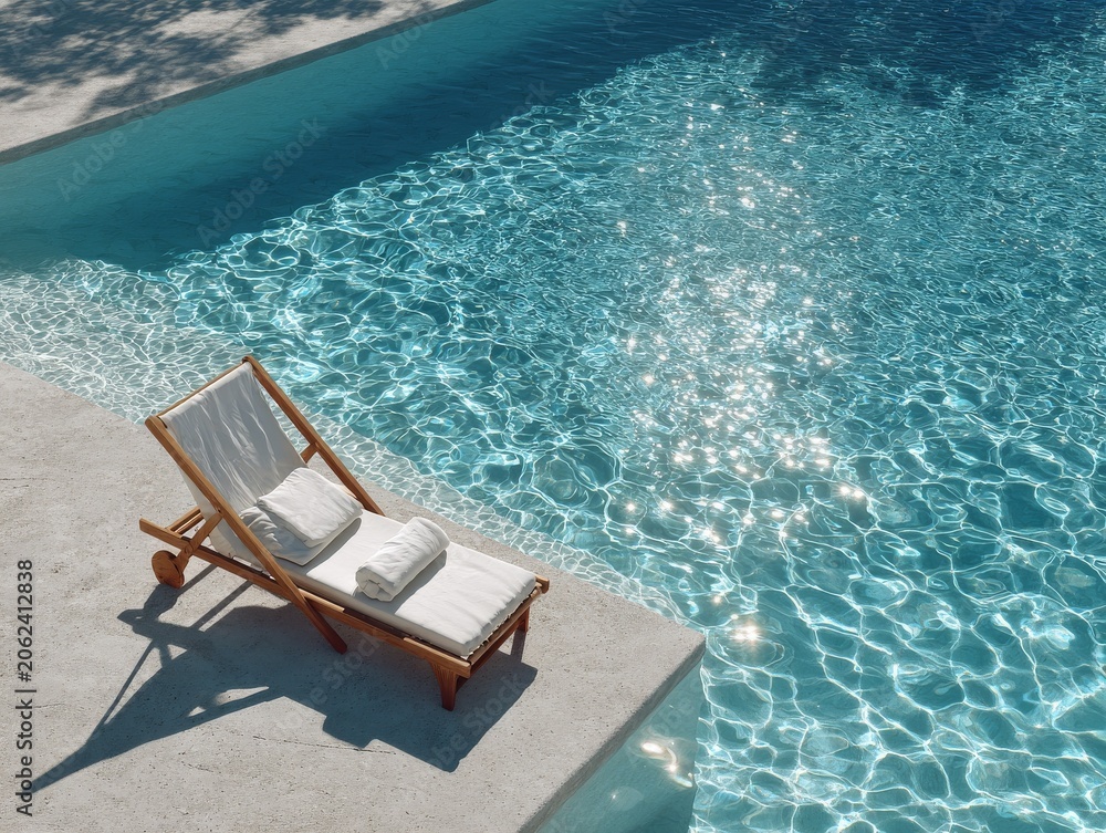 Fototapeta premium Empty sun lounger placed near a swimming pool, slightly top-down angled shot, clean minimal design with a place for text, vacation lifestyle. AI generative