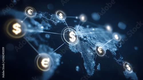 Global financial network concept connecting worldwide economy through international money transfer, currency exchange, trade, and digital banking transactions for cross-border business growth