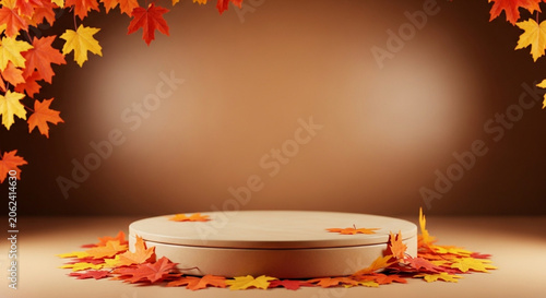 Autumnal product display stage with maple leaves and warm lighting