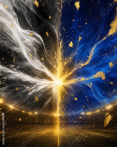 Striking blue, white, and gold soccer arena background with explosive energy effects and stadium lights. Ideal for football promotions, tournament branding, and event marketing materials.