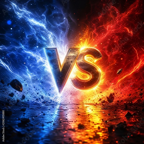 Fire and Ice Versus Battle Background with Glowing VS and Elemental Energy

Description