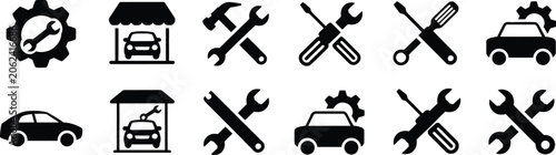 Automotive service, icon set, vehicle repair and maintenance symbols featuring tools, engine parts, diagnostics, workshop equipment and garage services.