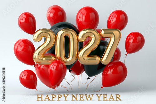 Golden 2027 Balloons with Red Decorations for New Year Celebration