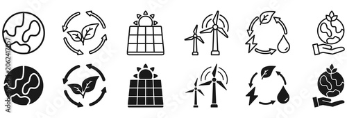 Environment icon set. solar energy and wind energy symbol