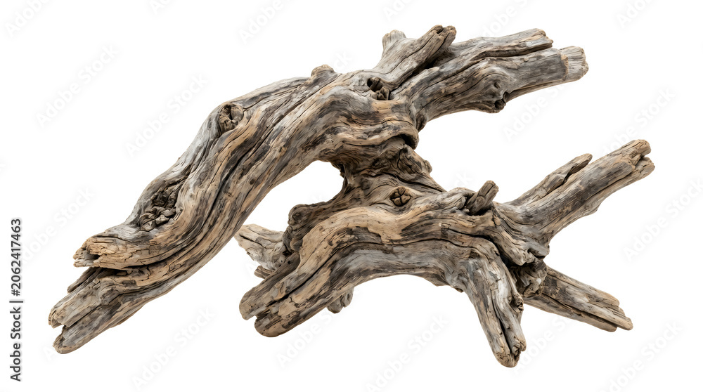 Fototapeta premium A piece of weathered, gnarled driftwood with complex, twisted branches and a smooth, greyish-brown texture, isolated on a white background, showing organic shapes and intricate details