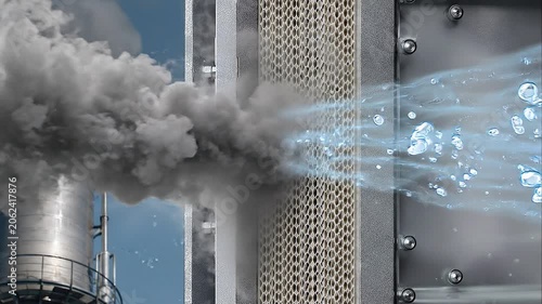 Industrial filter capturing smoke emissions converting to clean droplets carbon management decarbonization innovation improving air quality