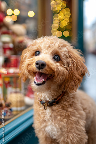Happy Toy Poodle in Front of a Christmas Store Window