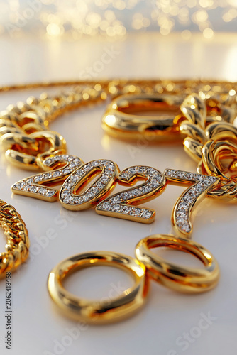 Golden 2027 Numbers Surrounded by Luxury Jewelry