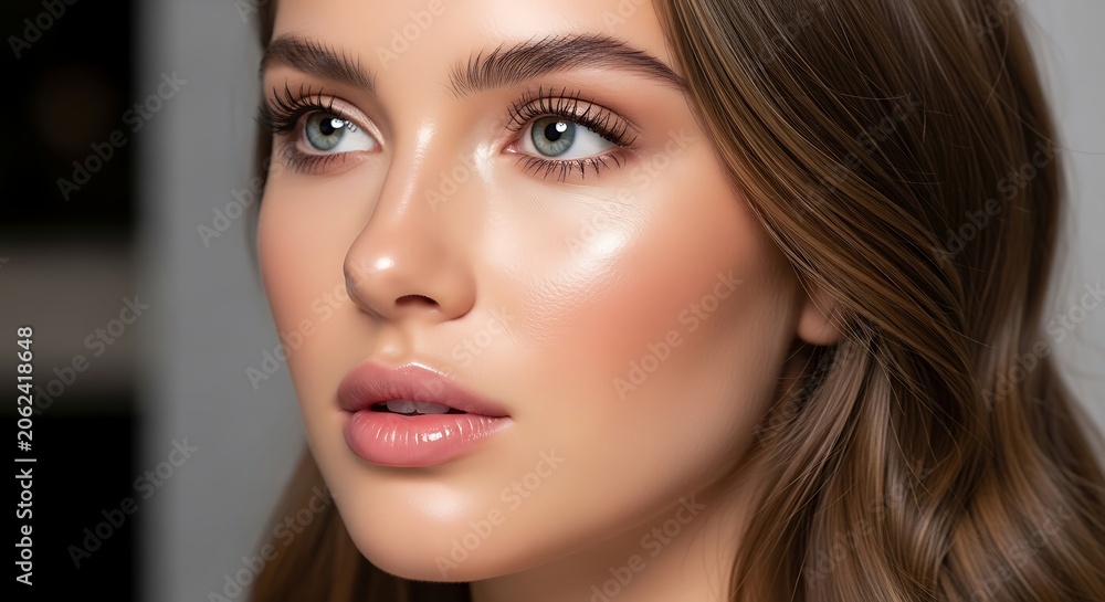 Fototapeta premium Woman with radiant skin and makeup portrait illuminated with soft lighting