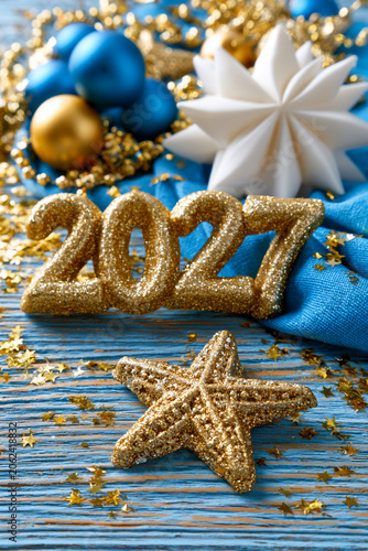2027 New Year Decoration with Blue and Gold Festive Ornaments
